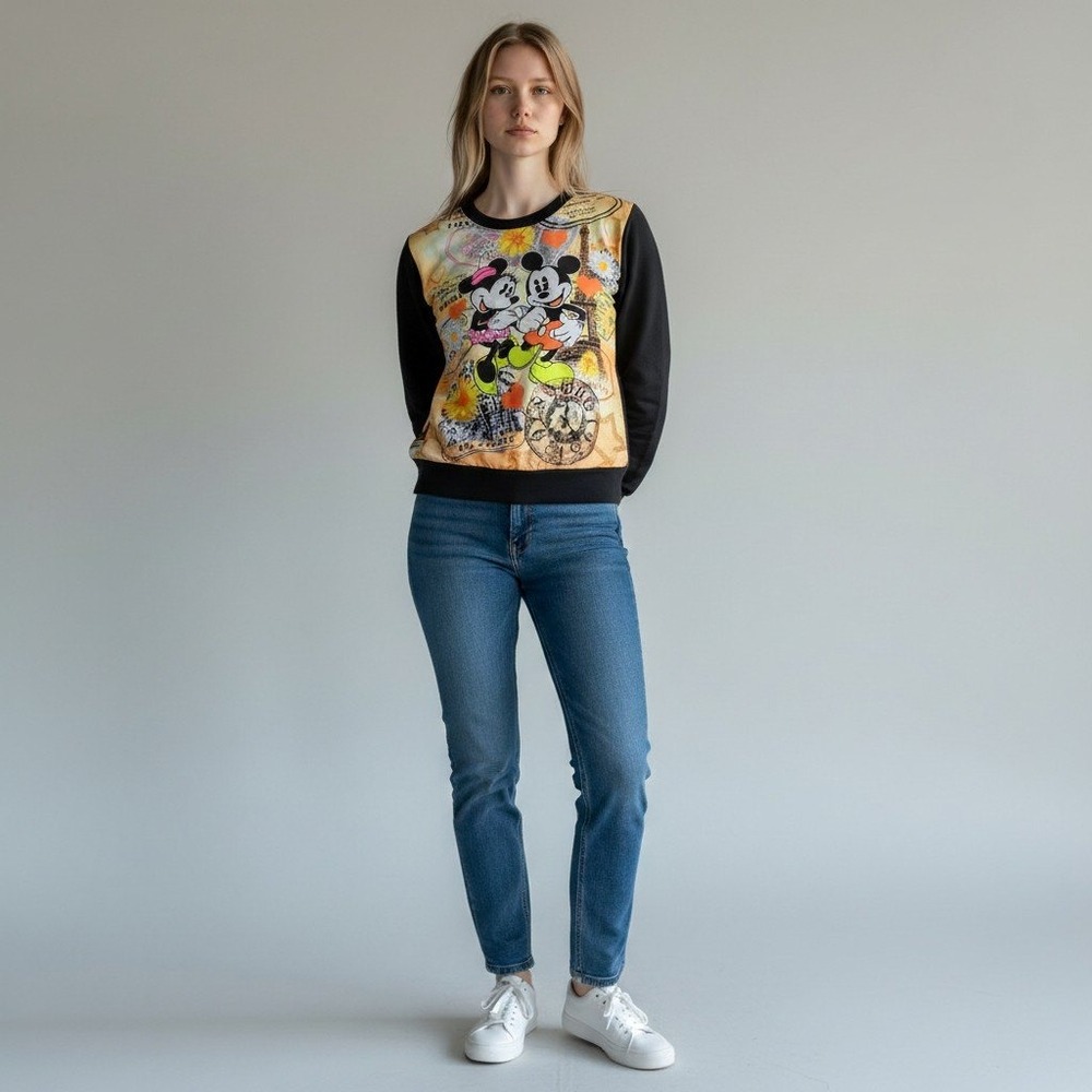 VTG 90's Mickey‎ Unlimited Disney Sweatshirt Womens M Black Paris Minnie Travel
